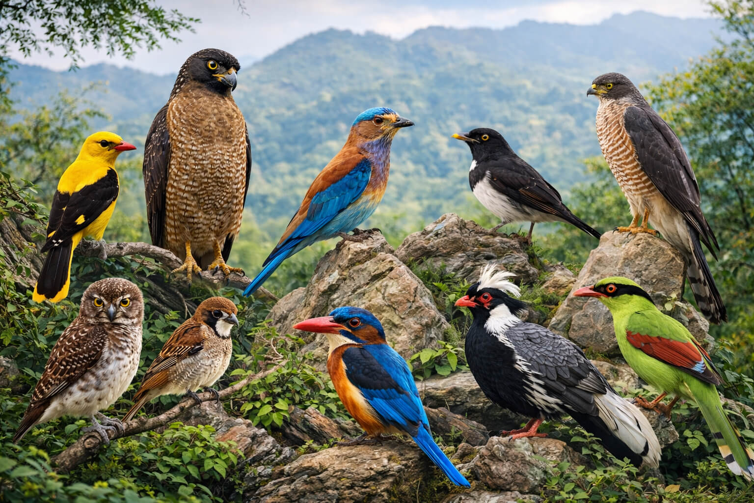 مارگلہ ہلز نیشنل پارک اسلام آباد میں پائے جانے والے نایاب اور خوبصورت پرندوں کا اجتماعی منظر، جن میں گولڈن اوریول، وائٹ تھروٹڈ کنگ فشر، بارڈ آؤلٹ، ہاک، فالکن، سبز میگپائی، جنگلی چڑیا، الو، پہاڑی پرندے اور دیگر نایاب اقسام شامل ہیں، پس منظر میں سبز پہاڑ، قدرتی جنگل، چٹانی ڈھلوانیں اور فطری ماحول دکھایا گیا ہے، جو اسلام آباد کی حیاتیاتی تنوع، ماحولیاتی اہمیت، قدرتی حسن اور پرندوں کی محفوظ پناہ گاہ ہونے کی عکاسی کرتا ہے